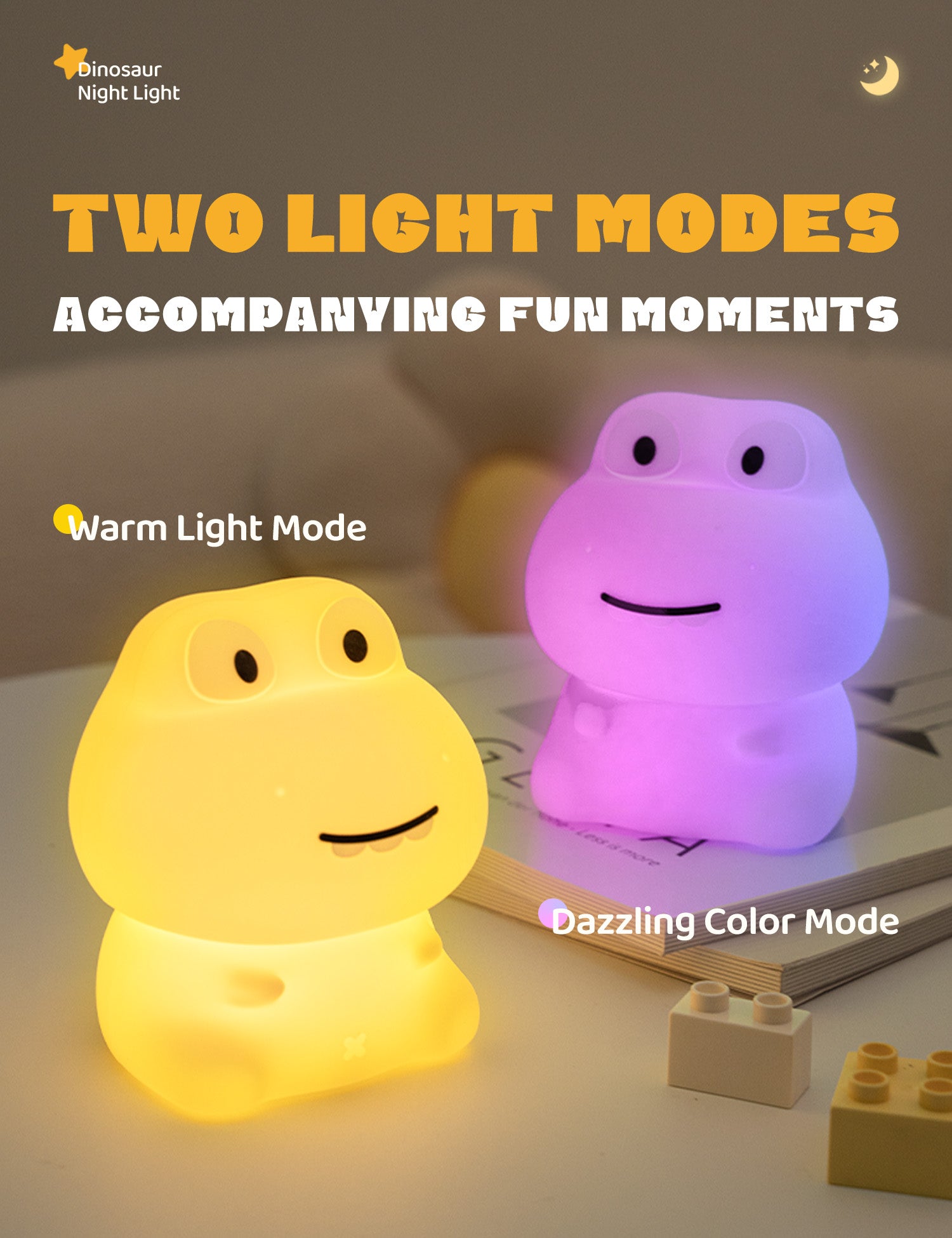 Two dinosaur night lights, one yellow and one purple, on a wooden surface with text about light modes.