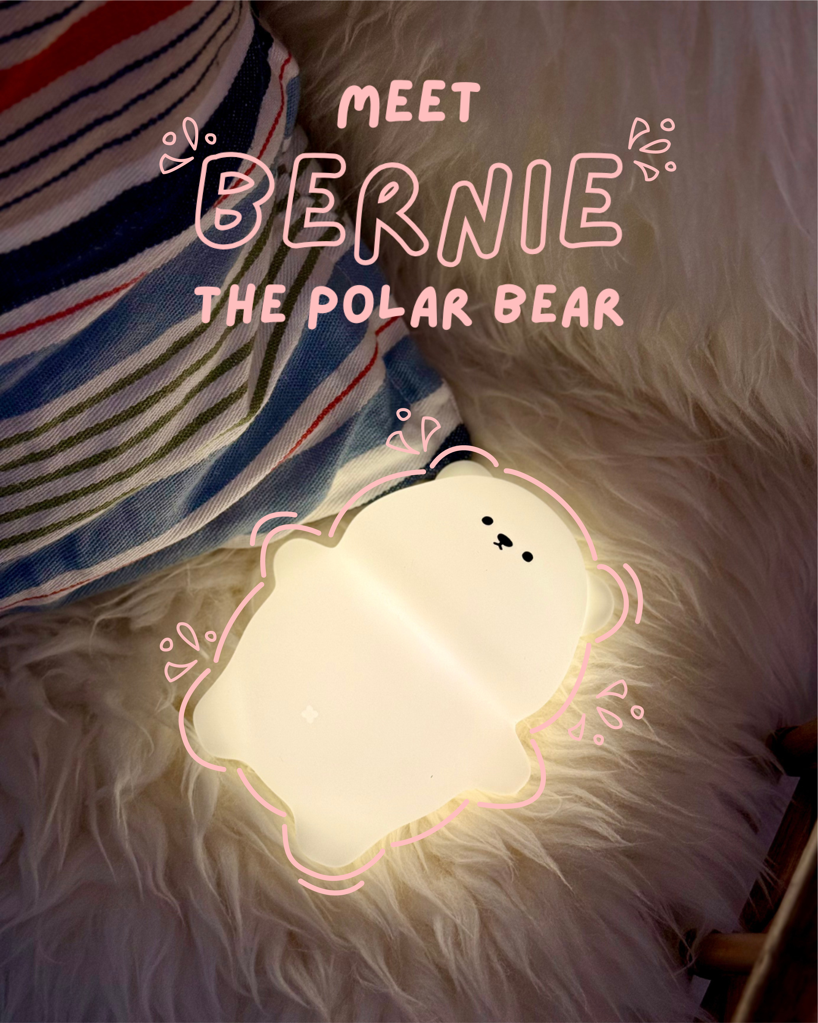 Light-up polar bear plush toy on a fluffy surface with text 'Meet Bernie the Polar Bear'.