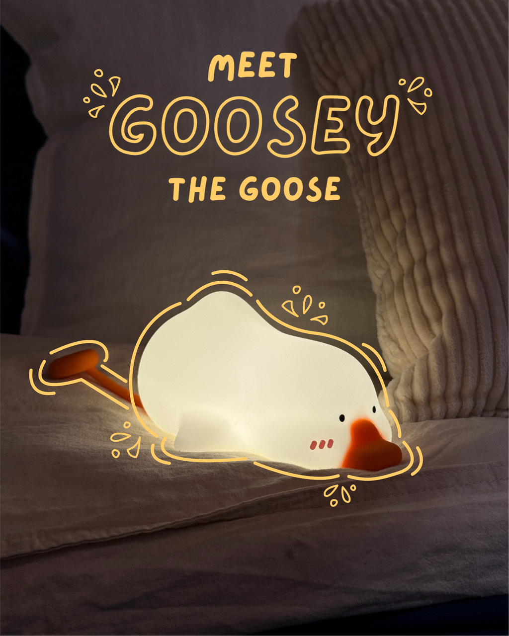 Illustration of a goose with text 'Meet Goosey the Goose' on a dark background