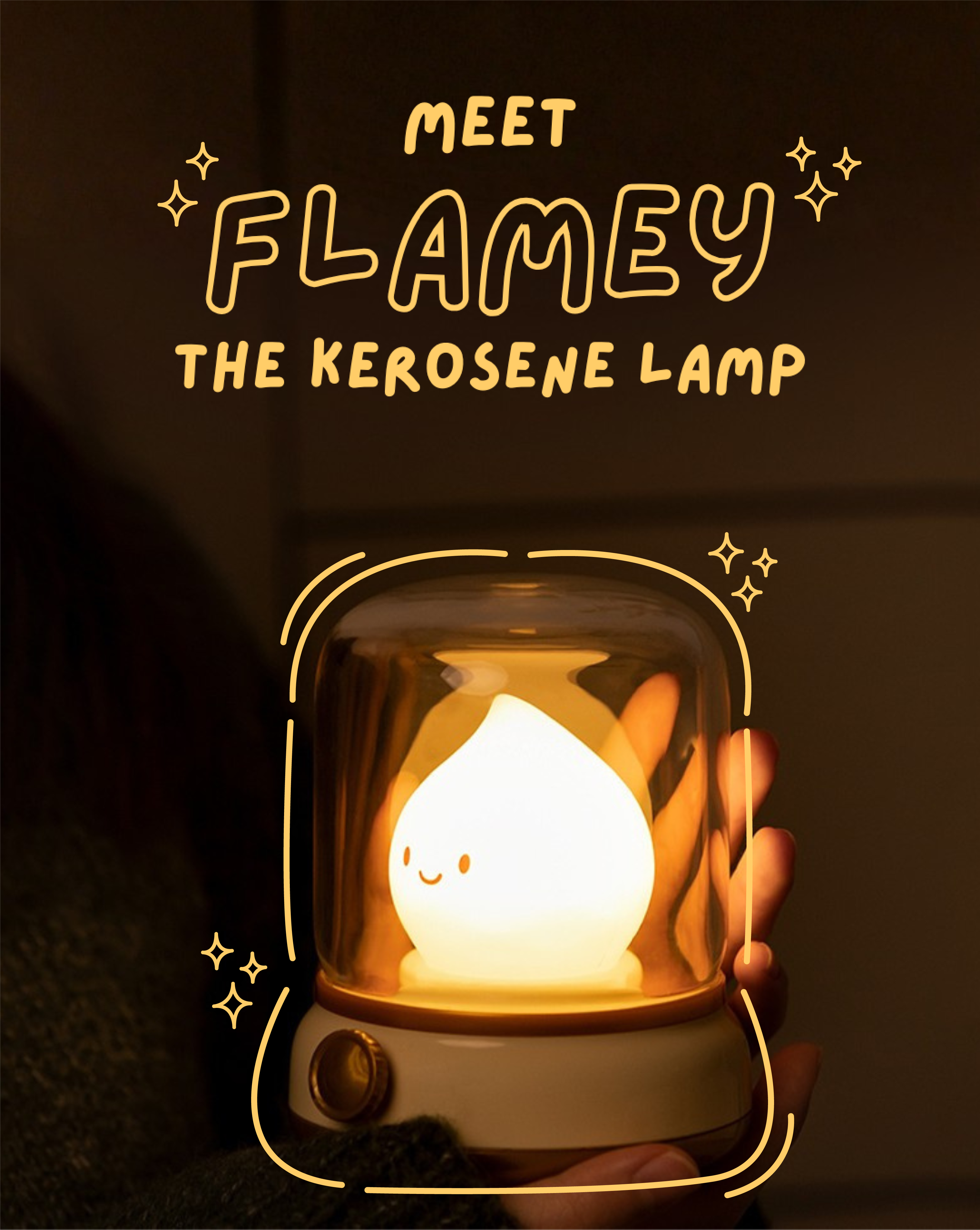 Glowing kerosene lamp with 'Meet Flamey the Kerosene Lamp' text on a dark background