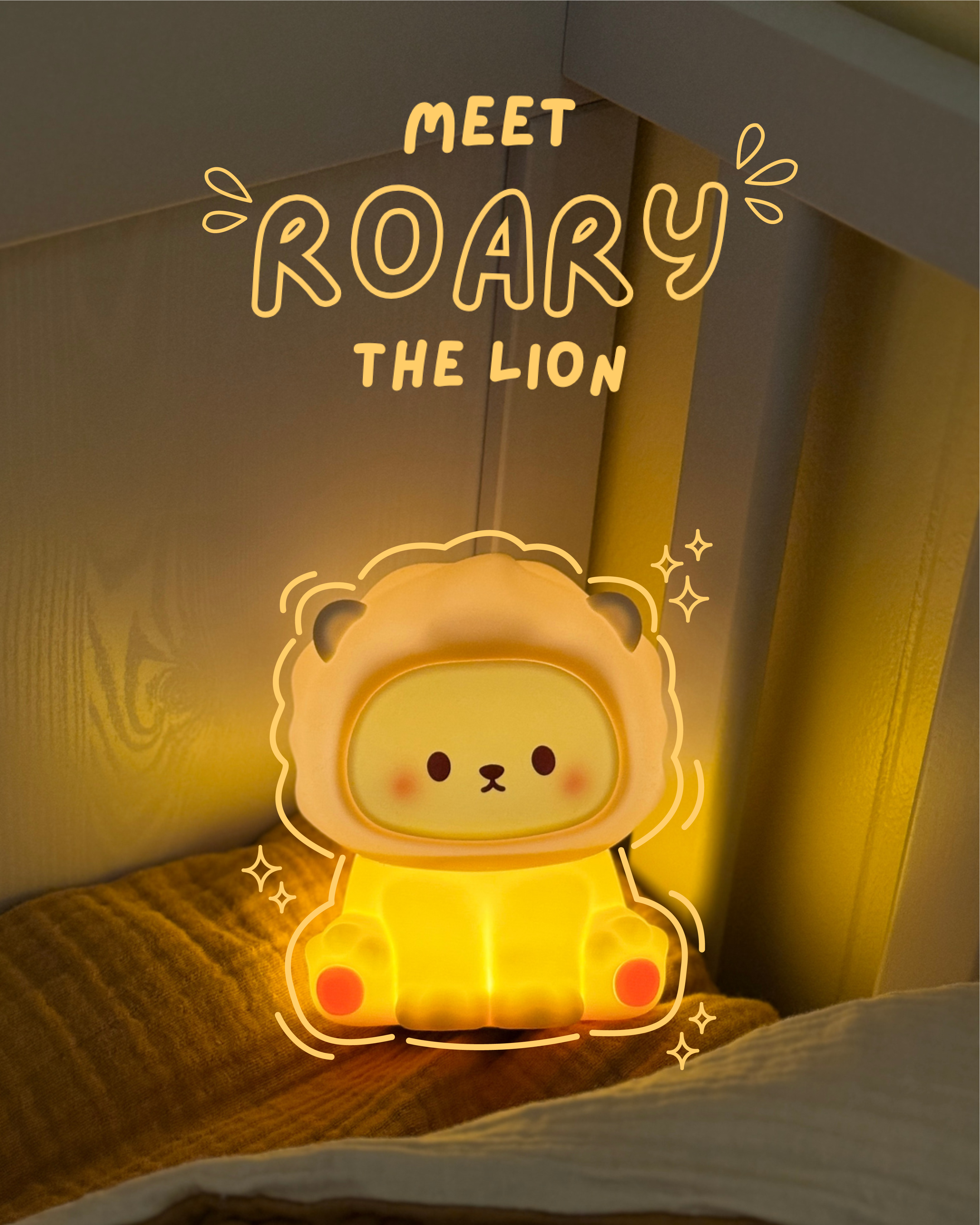 Cute lion-shaped night light with 'Meet Roary the Lion' text on a wooden surface.