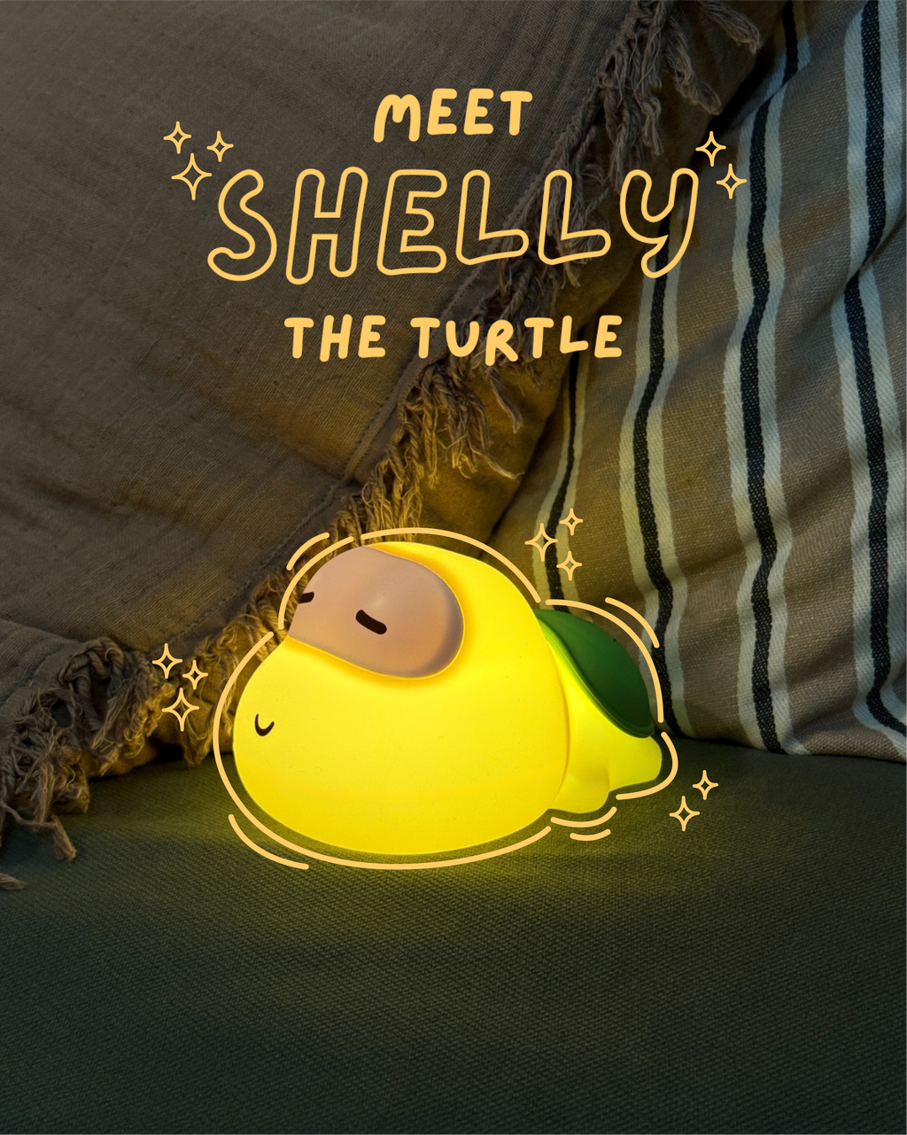 Yellow turtle-shaped night light with 'Meet Shelly the Turtle' text on a dark background