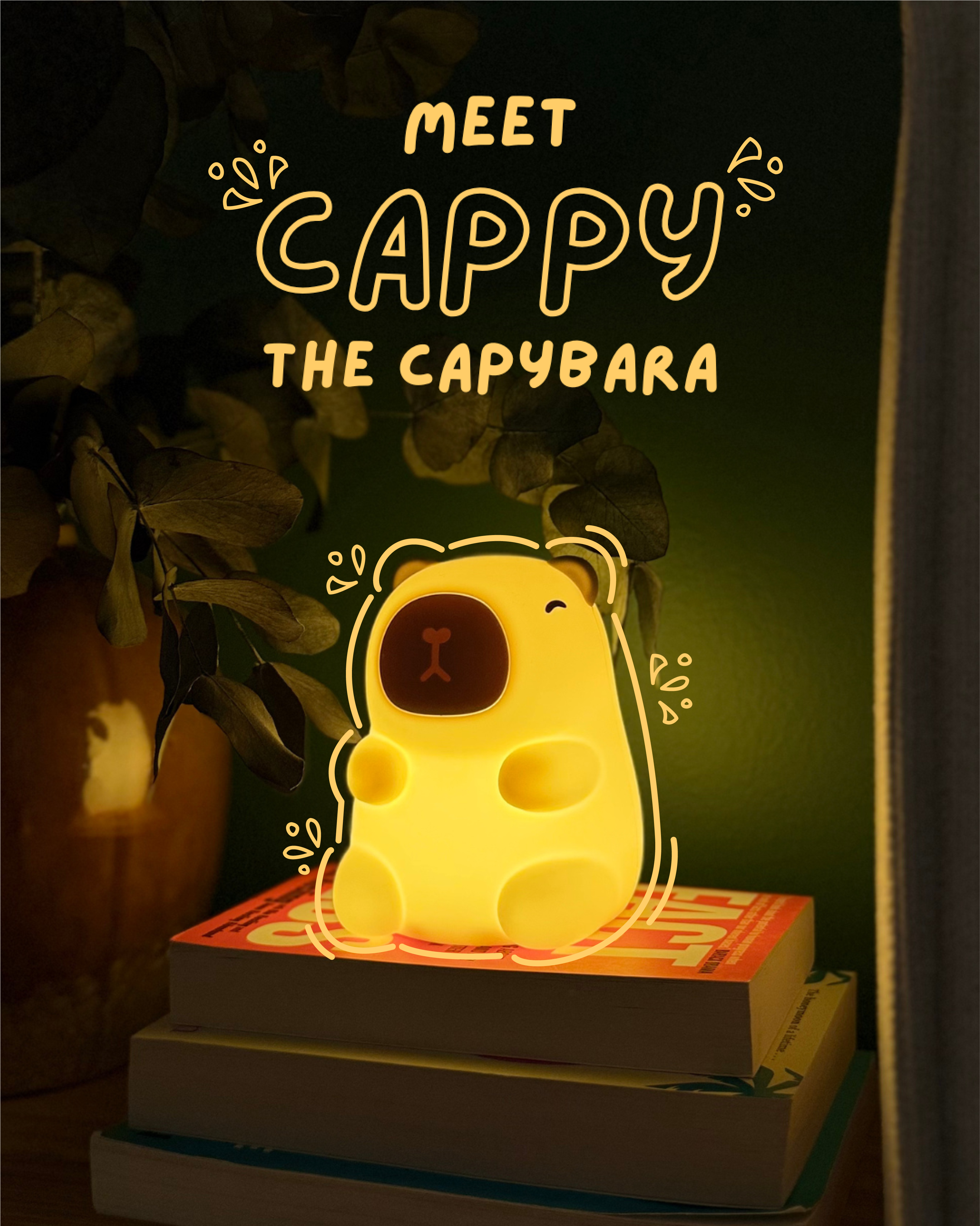 Capybara-shaped night light with 'Meet Cappy the Capybara' text on a dark background