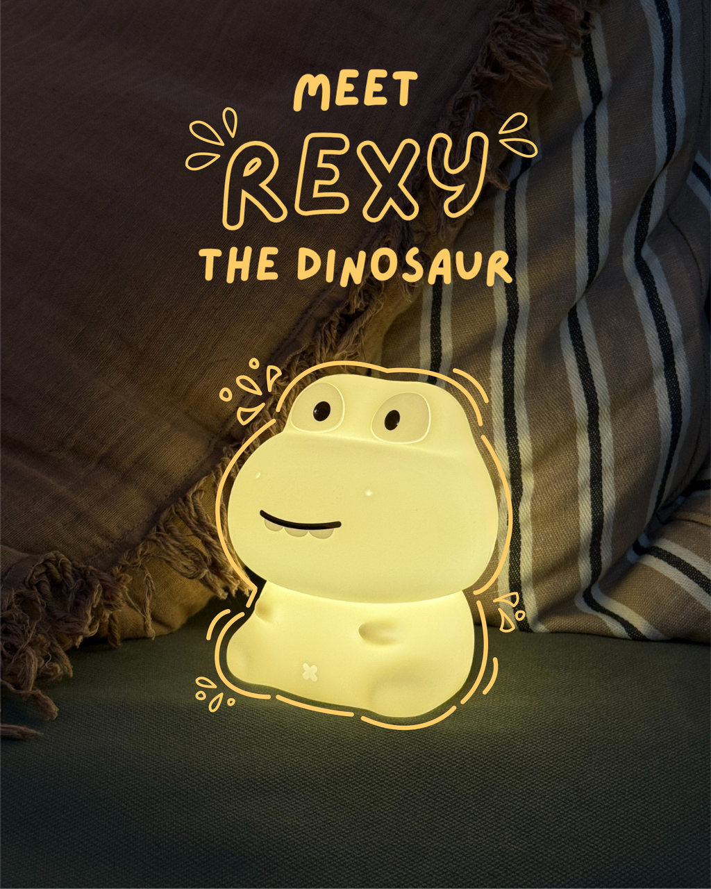 Glowing dinosaur-shaped night light with 'Meet Rexy the Dinosaur' text on a dark background.