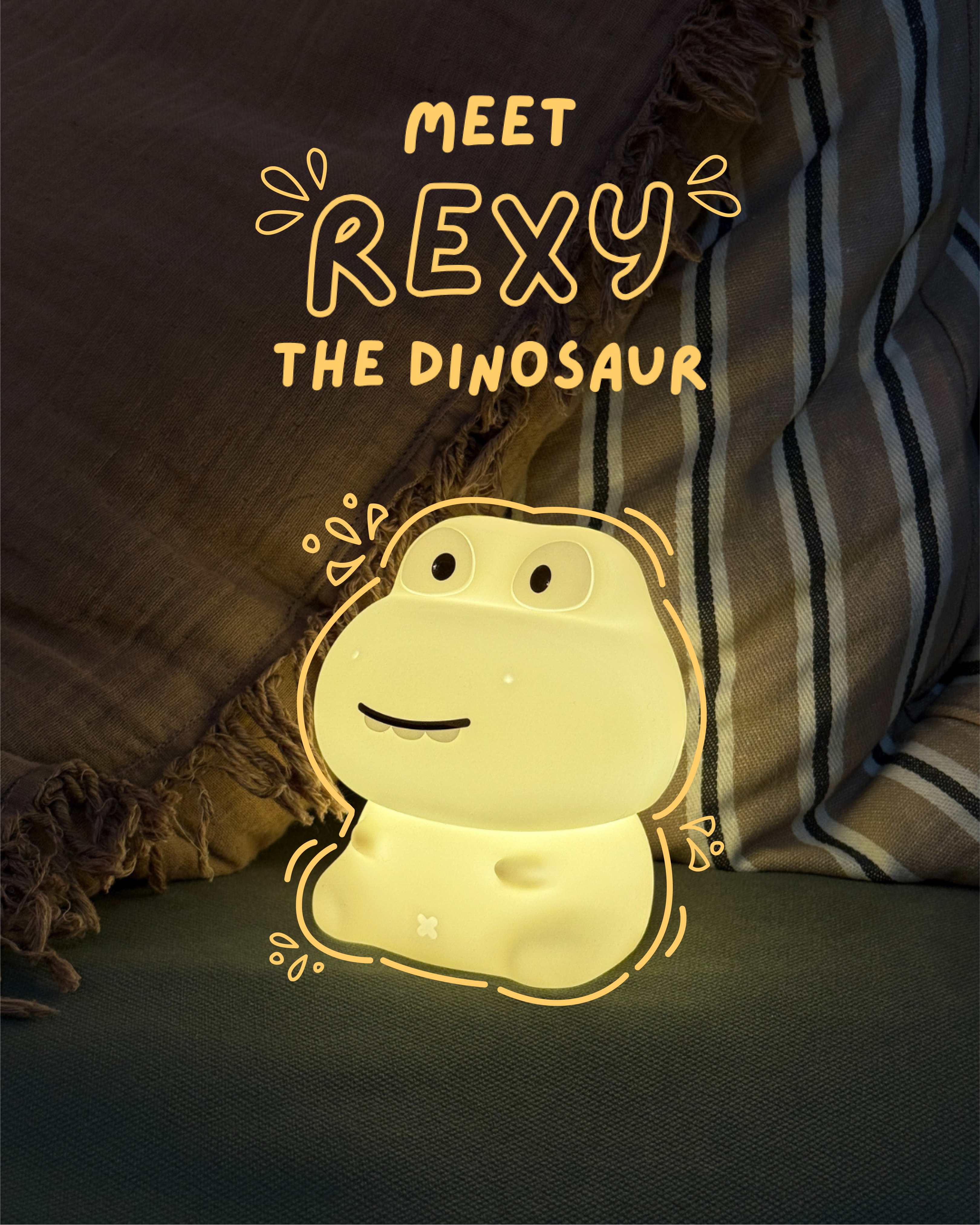 Glowing dinosaur-shaped night light with 'Meet Rexy the Dinosaur' text on a dark background.