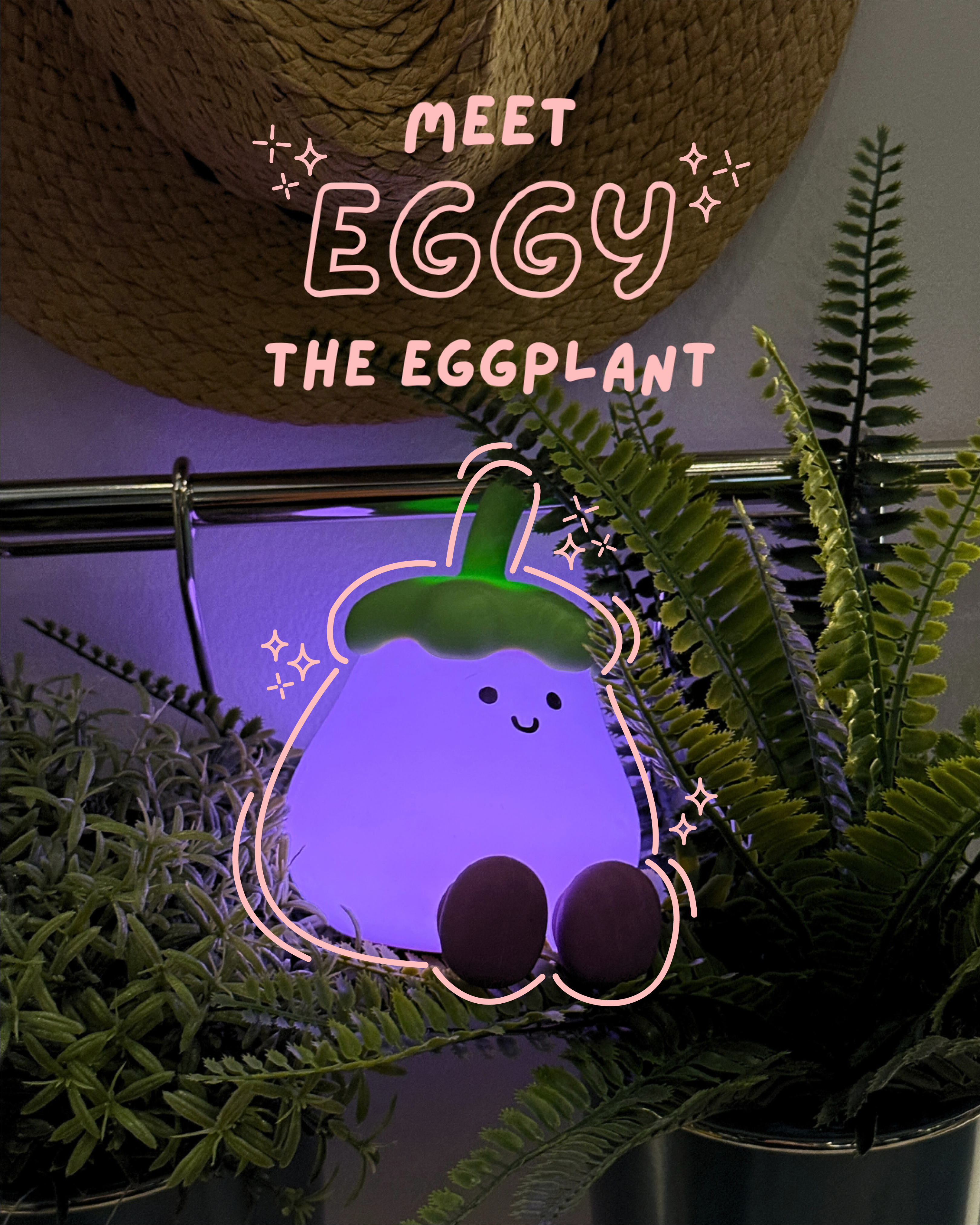 Neon sign of a cartoon eggplant character with text 'Meet Eggy the Eggplant' surrounded by plants.