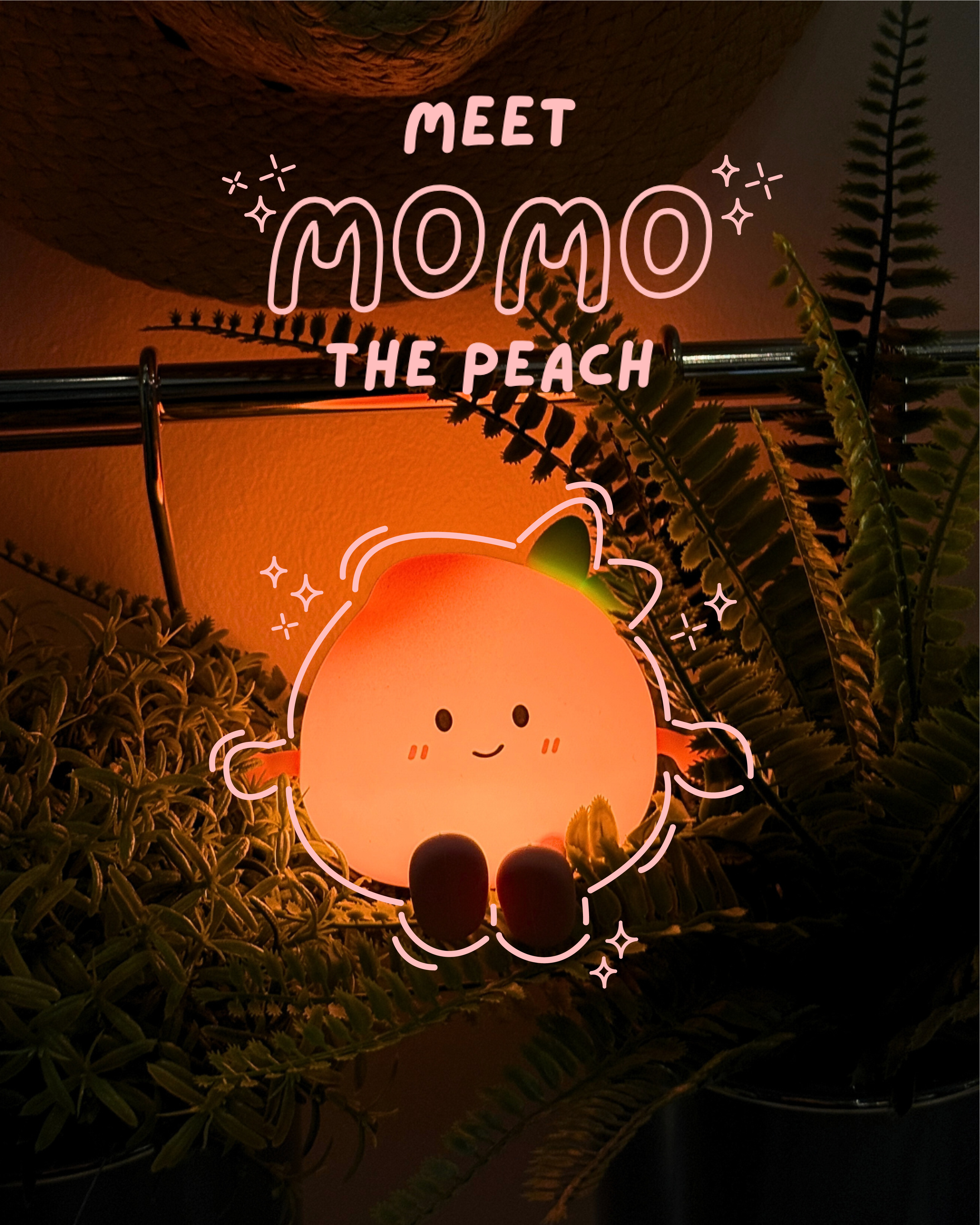 Neon sign of a peach character with 'Meet Momo the Peach' text, surrounded by plants.