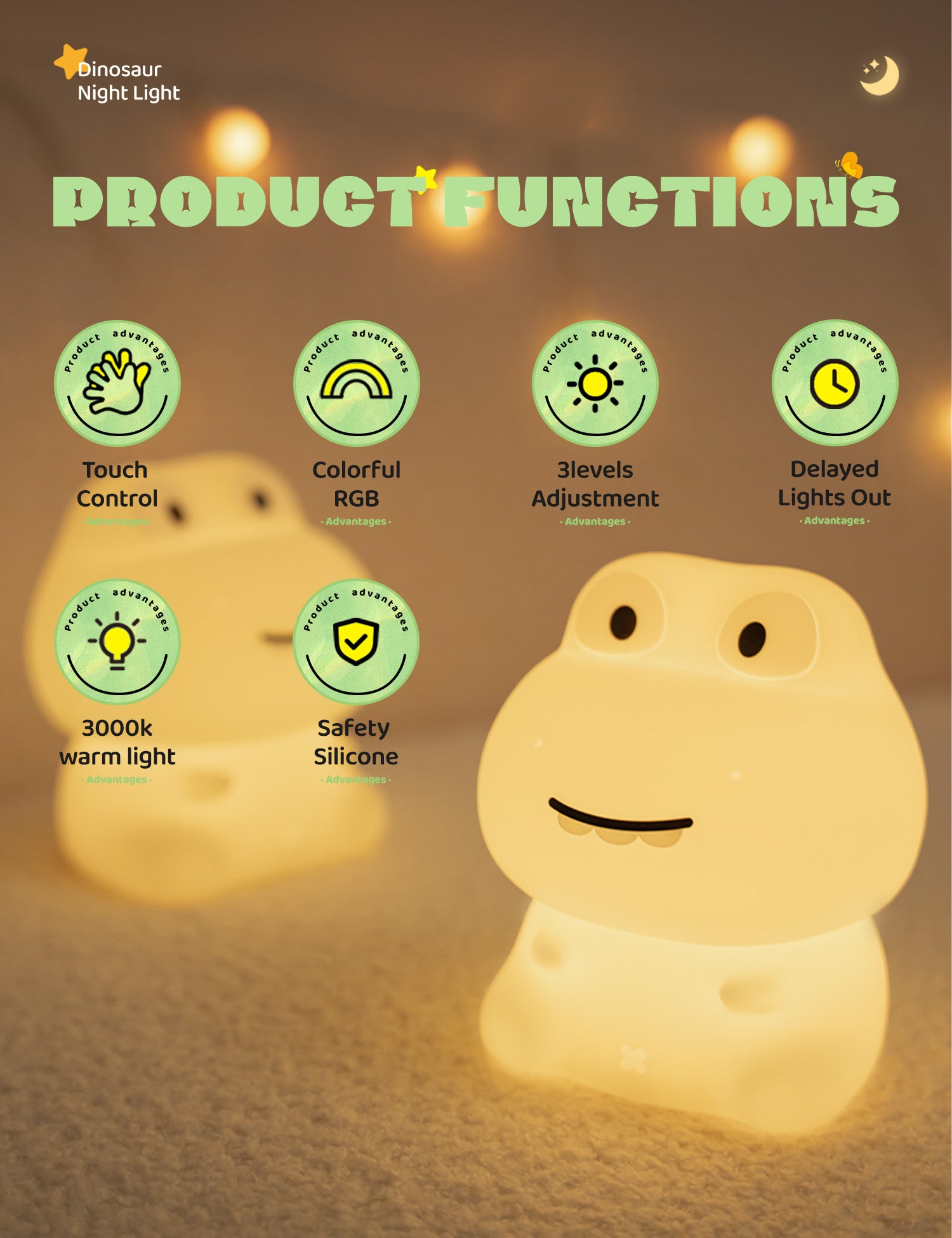 Dinosaur night light with product functions listed on a warm-toned background